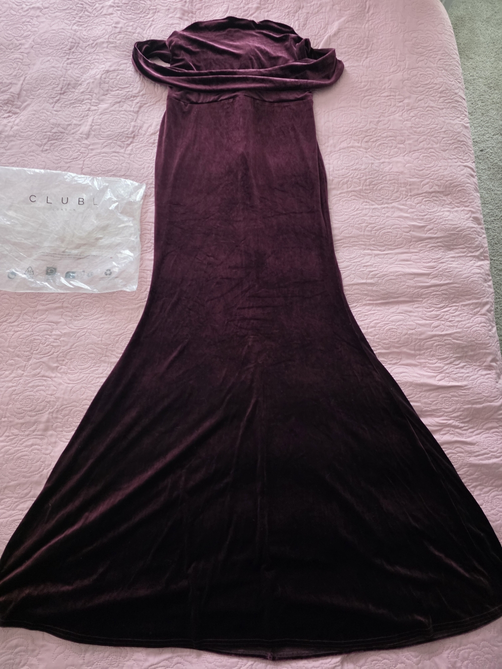 Club L London Velvet Off-Shoulder Maxi Dress in Wine